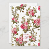 ピンクエレガントのバラとモノグラム白の背景 ノートカード (正面/裏面)