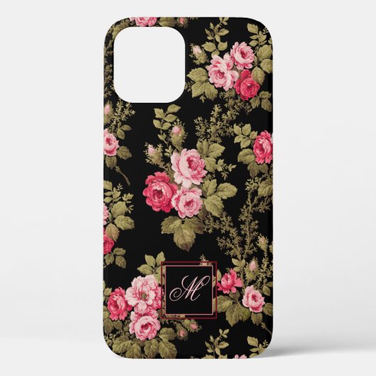 ピンクエレガントのバラとモノグラム – 黒の背景 Case-Mate iPhoneケース (裏面)
