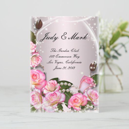 ピンクエレガントのバラと真珠のメ結婚ニュー・カード メニュー (スタンド正面)