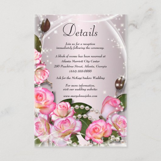 ピンクエレガントのバラと真珠の結婚詳細 エンクロージャーカード (正面)