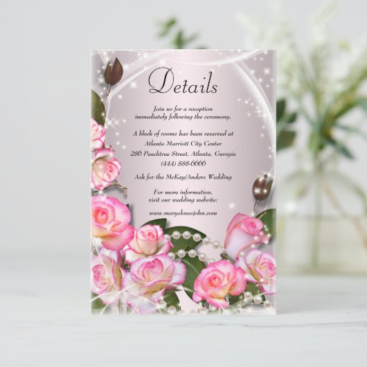 ピンクエレガントのバラと真珠の結婚詳細 エンクロージャーカード (スタンド正面)