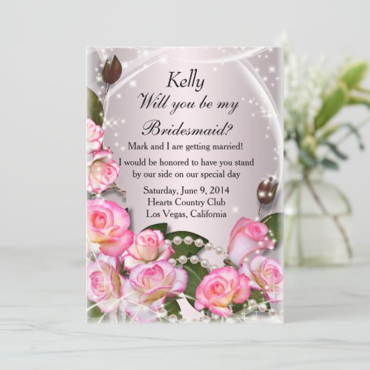 ピンクエレガントのバラと真珠の花嫁カード 招待状 (スタンド正面)