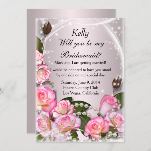 ピンクエレガントのバラと真珠の花嫁カード 招待状 (正面/裏面)