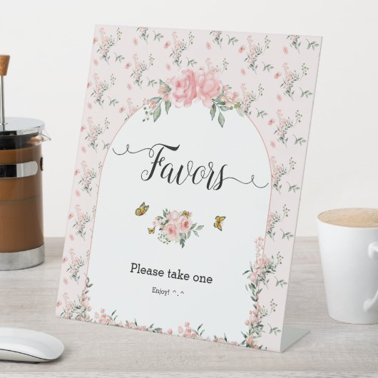 ピンクエレガントのバラと蝶の赤ちゃんシャワーの好意 台座サイン (インサイチュ)