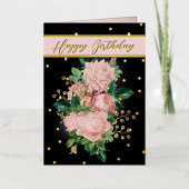 ピンクエレガントのバラと金ゴールドアクセント誕生日箔 箔グリーティングカード (正面)