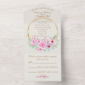 ピンクエレガントのバラと金ゴールド幾何学円 オールインワン招待状 (内側)