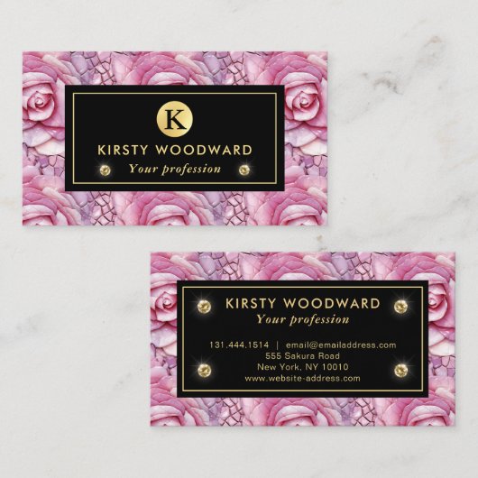 ピンクエレガントのバラのモザイクパターン 名刺 (正面/裏面)