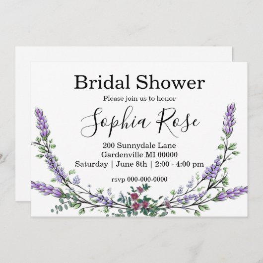 ピンクエレガントのバラのラベンダーブライダルシャワー 招待状 (正面/裏面)