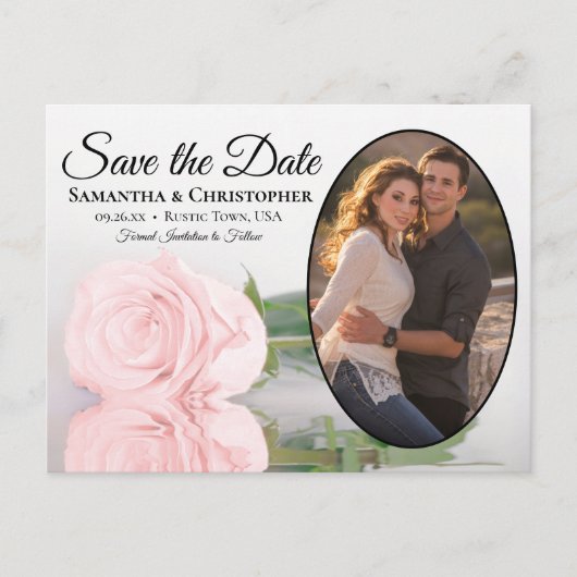 ピンクエレガントのバラの楕円形の写真の結婚式の日付を保存 案内ポストカード (正面)