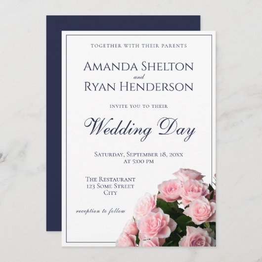 ピンクエレガントのバラの花のフローラ結婚の 招待状 (正面/裏面)