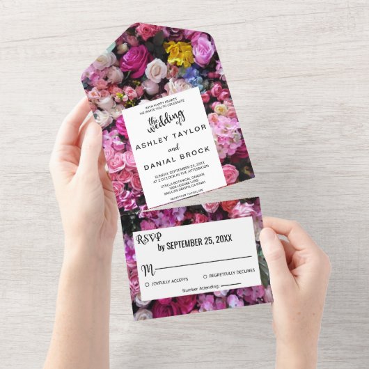 ピンクエレガントのバラの花サマーフローラ結婚ズ オールインワン招待状 (貼ってはがせる)