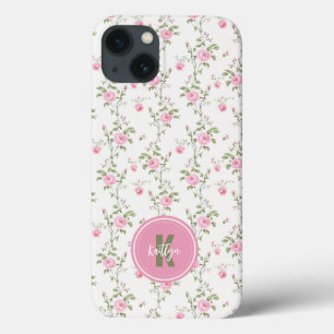 ピンクエレガントのバラの花パターンモノグラム iPhone 13ケース