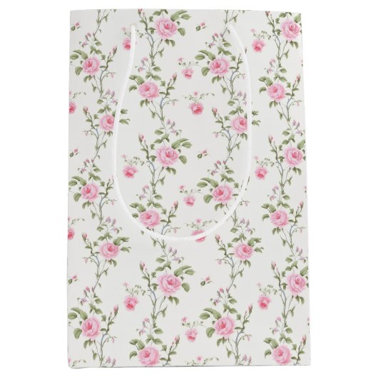 ピンクエレガントのバラの花模様 ミディアムペーパーバッグ (正面)
