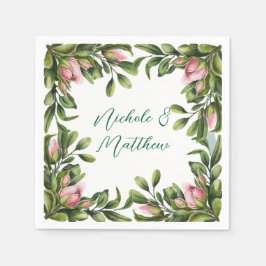 ピンクエレガントのバラの芽を持つ緑の結婚リース スタンダードカクテルナプキン