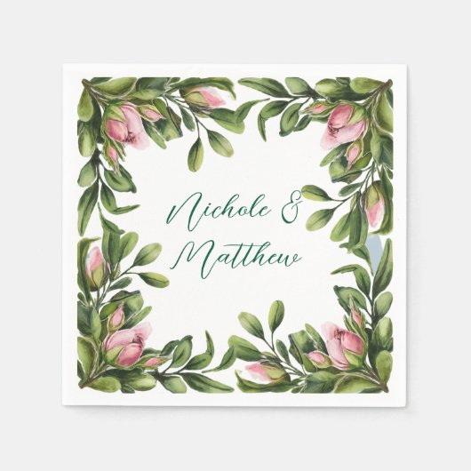 ピンクエレガントのバラの芽を持つ緑の結婚リース スタンダードカクテルナプキン (正面)
