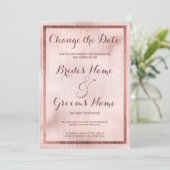ピンクエレガントのバラの金ゴールドブラシストロークの変更日付 招待状 (スタンド正面)