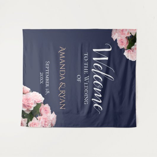ピンクエレガントのバラスフローラの結婚ウェルカムバックドロップ タペストリー (正面(横))