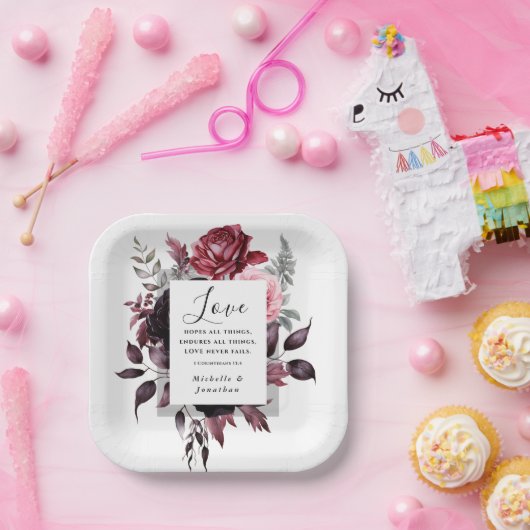 ピンクエレガントのバラダークグレ葉ーのバイブル結婚ズ ペーパープレート (パーティー)