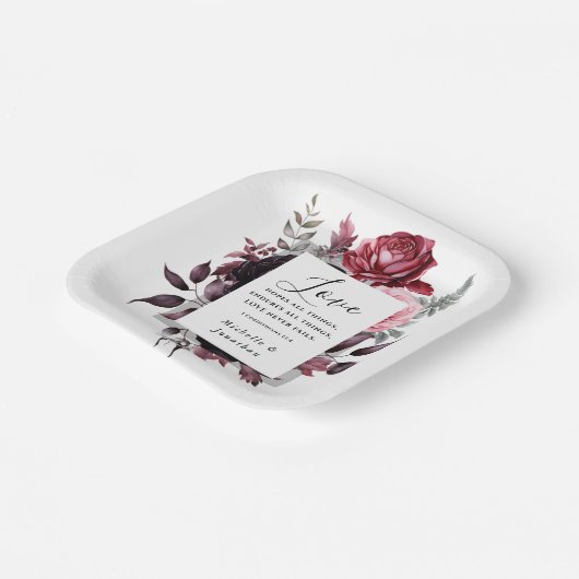 ピンクエレガントのバラダークグレ葉ーのバイブル結婚ズ ペーパープレート (傾斜あり)