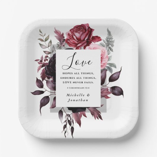 ピンクエレガントのバラダークグレ葉ーのバイブル結婚ズ ペーパープレート (正面)