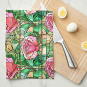 ピンクエレガントのバラフェイクステンドグラス キッチンタオル (四つ折り)