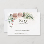 ピンクエレガントのバラ赤い果実の緑結婚色 出欠カード (正面)