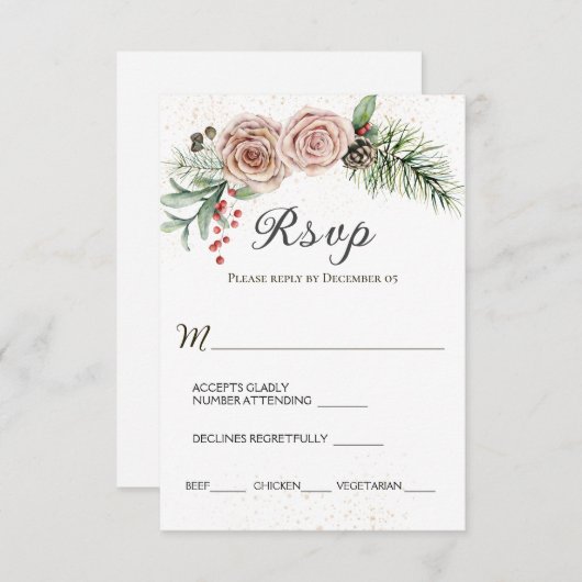 ピンクエレガントのバラ赤い果実エバーグリーン結婚ズ 出欠カード (正面/裏面)