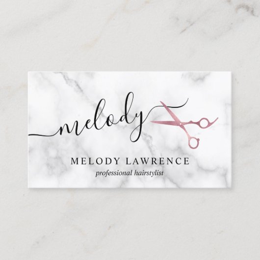 ピンクエレガントのバラ金ゴールドはさみ美容師 名刺 (正面)