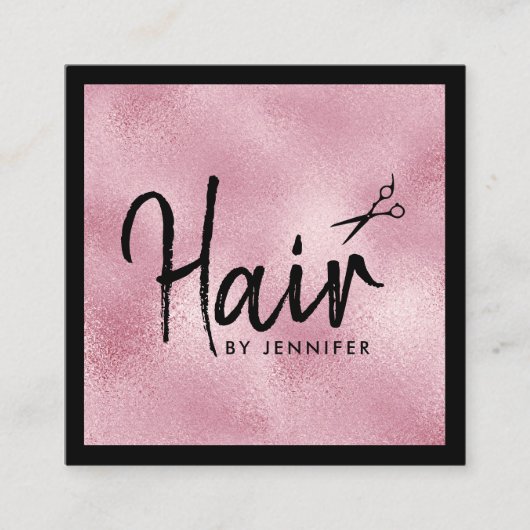 ピンクエレガントのバラ金ゴールド黒はさみヘアリスト スクエア名刺 (正面)
