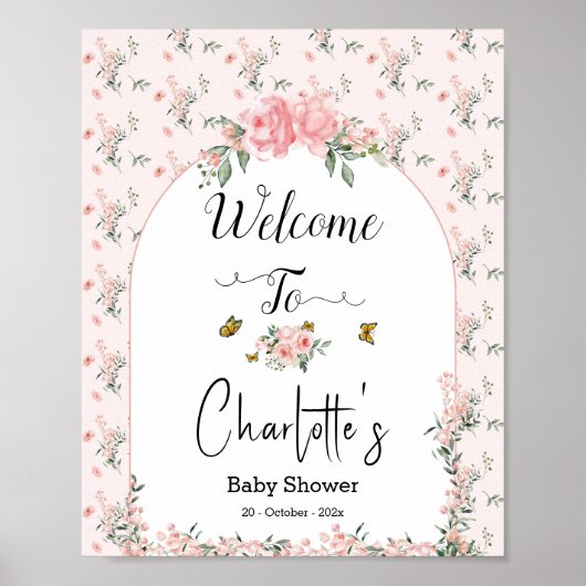 ピンクエレガントのバラ&バタフライベビーシャワーウェルカム ポスター (正面)