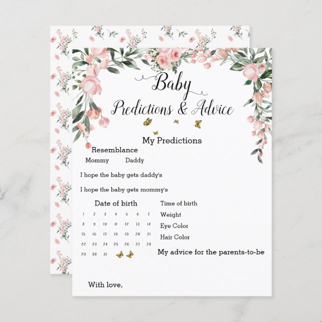 ピンクエレガントのバラ&蝶ベビーシャワーゲーム (正面/裏面)