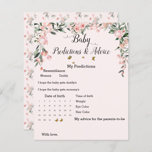 ピンクエレガントのバラ&蝶ベビーシャワーゲーム (正面/裏面)