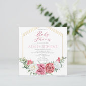 ピンクエレガントのバラ |金ゴールドフレームガールベビーシャワー 招待状 (スタンド正面)