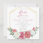 ピンクエレガントのバラ |金ゴールドフレームガールベビーシャワー 招待状 (正面)