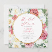 ピンクエレガントのバラ |金ゴールドフレームブライダルシャワーの招待 招待状 (正面)