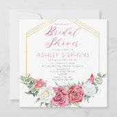 ピンクエレガントのバラ |金ゴールドフレームブライダルシャワーの招待 招待状 (正面)