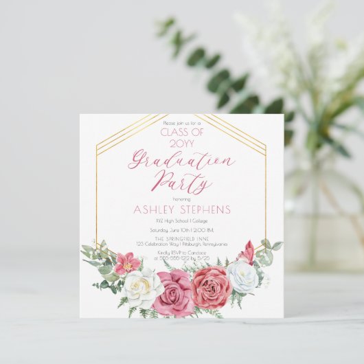 ピンクエレガントのバラ |金ゴールドフレーム卒業パーティー 招待状 (スタンド正面)