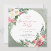 ピンクエレガントのバラ |金ゴールドフレーム卒業パーティー 招待状 (正面)