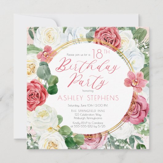 ピンクエレガントのバラ |金ゴールドフレーム18th誕生日パーティー 招待状 (正面)