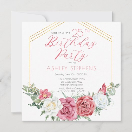 ピンクエレガントのバラ |金ゴールドフレーム25th誕生日パーティー 招待状 (正面)