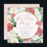 ピンクエレガントのバラ |金ゴールドフレーム30th誕生日パーティー 招待状<br><div class="desc">エレガント金ゴールド調線の円形フレームとセージ緑のユーカリ緑の"バースデーパーティー"スクリプ文字デザイントと上品なピンクと白のバラのフローラ。</div>