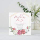 ピンクエレガントのバラ |金ゴールドフレーム40th誕生日パーティー 招待状 (スタンド正面)