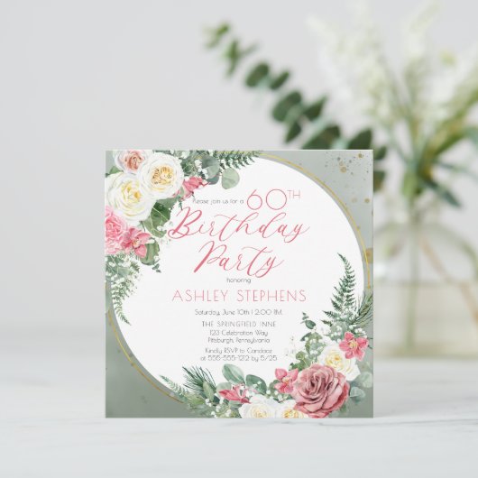 ピンクエレガントのバラ |金ゴールドフレーム60th誕生日パーティー 招待状 (スタンド正面)