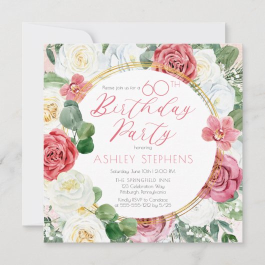 ピンクエレガントのバラ |金ゴールドフレーム60th誕生日パーティー 招待状 (正面)