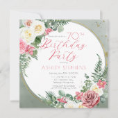 ピンクエレガントのバラ |金ゴールドフレーム70th誕生日パーティー 招待状 (正面)