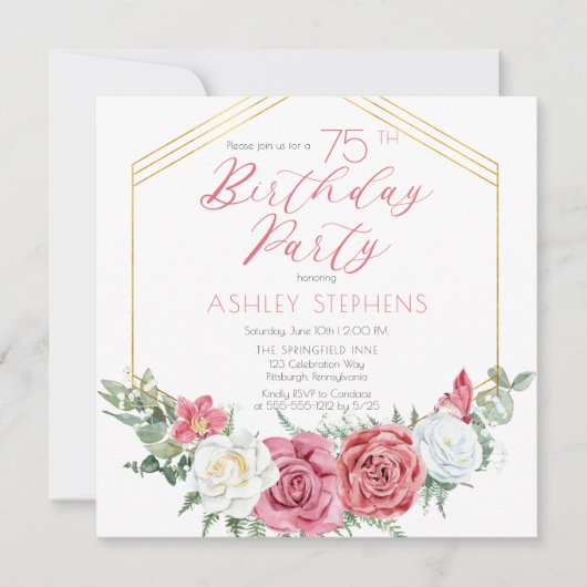 ピンクエレガントのバラ |金ゴールドフレーム75th誕生日パーティー 招待状 (正面)