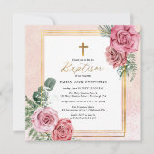 ピンクエレガントのバラ |金ゴールドフローラフレームガールバプテスマ 招待状 (正面)