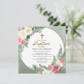 ピンクエレガントのバラ |金ゴールドフローラフレームガールバプテスマ 招待状 (スタンド正面)