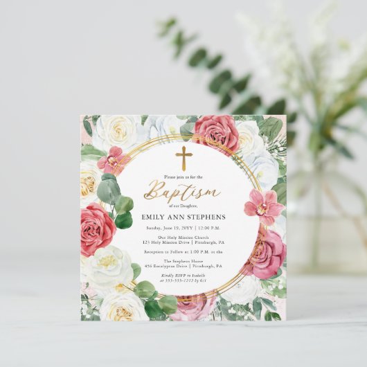 ピンクエレガントのバラ |金ゴールドフローラフレーム女の子バプテスマ 招待状 (スタンド正面)