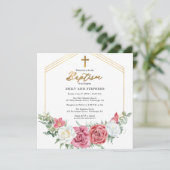 ピンクエレガントのバラ |金ゴールドフローラフレーム女の子バプテスマ 招待状 (スタンド正面)